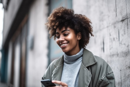 portrait, phone and black woman on a wall texting in the city, happiness or chatting with friends, created with generative aiの素材
