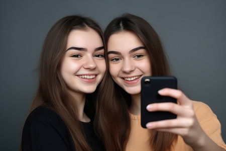 portrait of two cheerful young friends using a smartphone together against a grey background, created with generative aiの素材