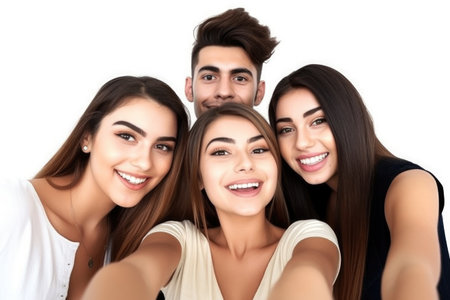 shot of a group of friends taking a selfie with their smartphone against a white background, created with generative aiの素材