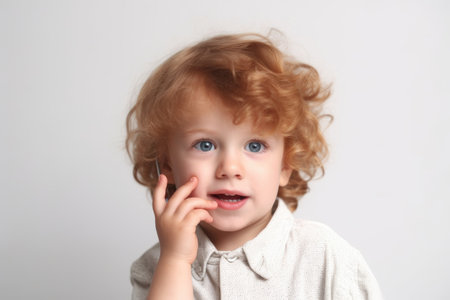 studio shot of a young boy pretending to be on the phone, created with generative aiの素材