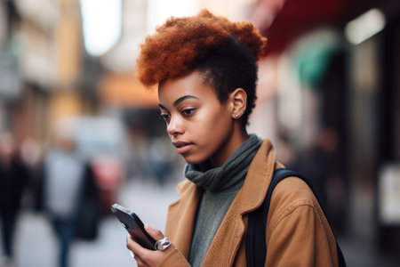 cropped shot of a young woman using her cellphone in the city, created with generative aiの素材