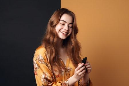 young woman, phone and happy portrait on social media in the studio or mockup space, created with generative aiの素材