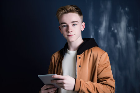 portrait of a teenage boy standing in front of his laptop holding credit card, created with generative aiの素材