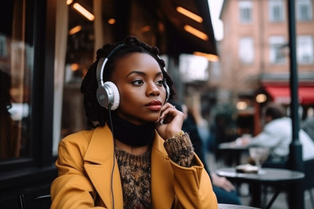 phone, tablet or black woman with headphones while listening to music at a cafe in city, created with generative aiの素材