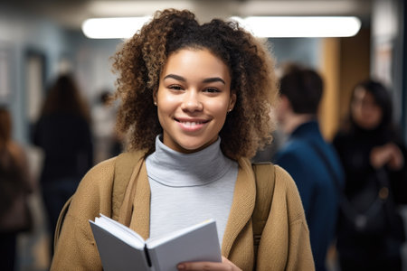 mixed race student smiling at the camera while she holds her textbook, created with generative aiの素材