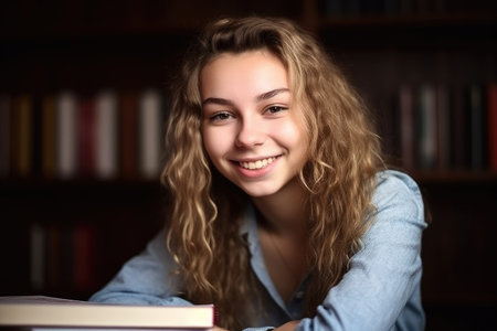student, happy and portrait of a young woman with books studying at university, created with generative aiの素材