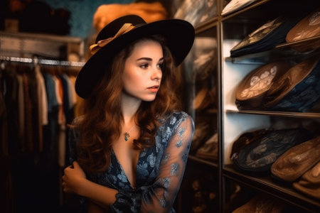 fashion, style and portrait of girl shopping for clothes at a vintage store or boutique, created with generative aiの素材