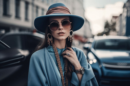street style shot of trendy woman, with her unique mix of fashion and accessories, created with generative aiの素材
