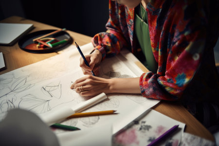 creative fashion designer, sketching out new ideas for upcoming collection, created with generative aiの素材