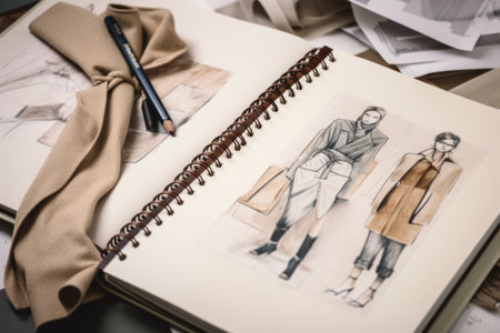 close-up of fashion designers sketchbook, with sketches for new collection visible, created with generative aiの素材