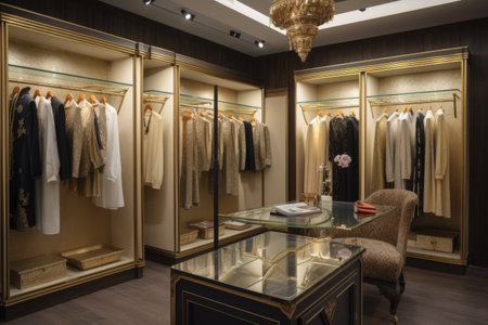 high-end boutique, showcasing luxurious and intricate garments for the discerning clientele, created with generative aiの素材