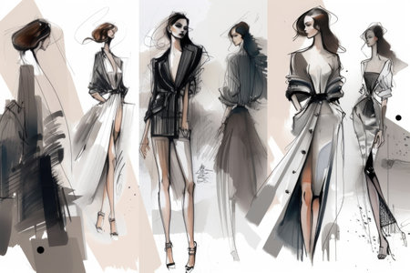 collection of fashion sketches and illustrations by different artists, created with generative aiの素材