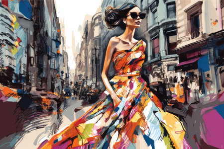 fashion illustration of woman, wearing bold and colorful dress, in busy city setting, created with generative aiの素材