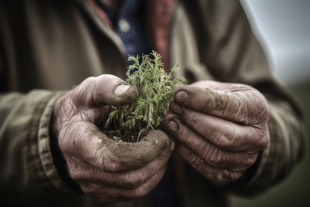 closeup of an unrecognizable farmer holding a seedling, created with generative aiの素材
