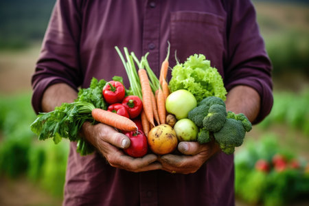 closeup shot of a farmer holding multiple types of fresh produce, created with generative aiの素材