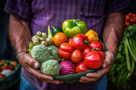 closeup shot of a farmer holding multiple types of fresh produce, created with generative aiの素材