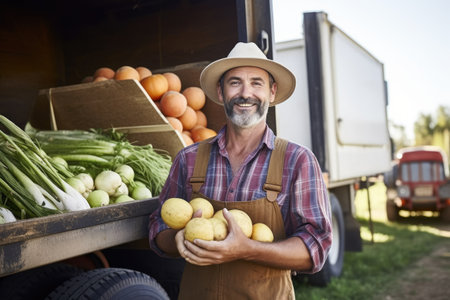 portrait of a smiling farmer holding fresh produce while standing next to his truck, created with generative aiの素材