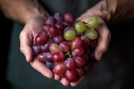 closeup shot of an unrecognizable person holding a bunch of grapes against a background, created with generative aiの素材