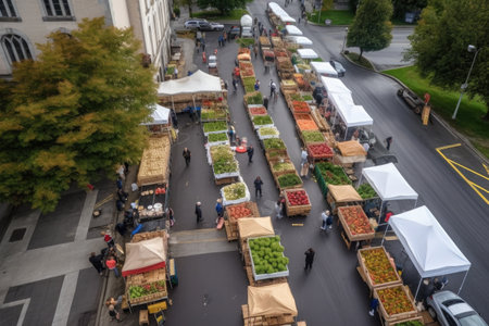 high angle shot of vendors setting up their stalls at a farmers market, created with generative aiの素材