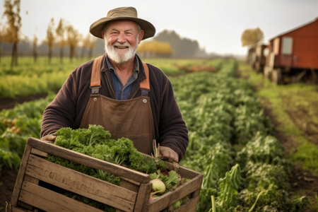 portrait of a happy farmer carrying a crate full of fresh produce, created with generative aiの素材