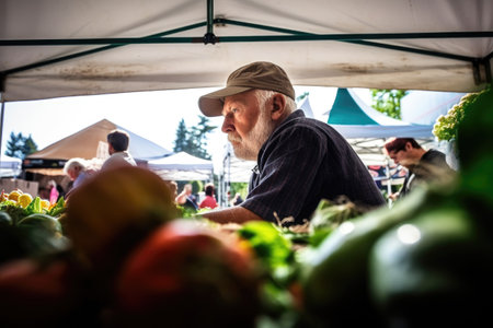 shot of a customer at a farmers market looking through the produce, created with generative aiの素材