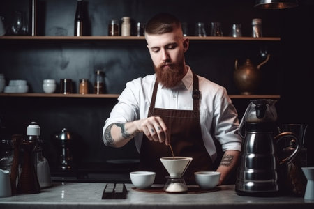 portrait of a barista making coffee in a cafe, created with generative aiの素材