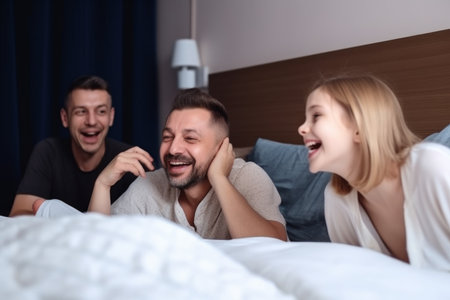 phone call, family and mother and father talking on bed in bedroom with smile, created with generative aiの素材