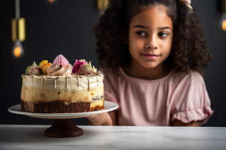 cropped shot of a young girl with her separated cake and dairy ice cream, created with generative aiの素材