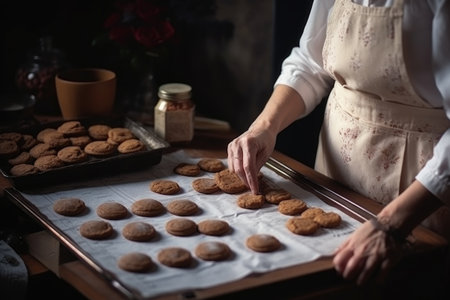 cropped shot of a woman making a copy of the recipe for cookies, created with generative aiの素材