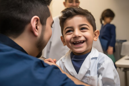 a young boy beaming cheekily while being checked by a doctor, created with generative aiの素材