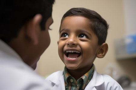 a young boy beaming cheekily while being checked by a doctor, created with generative aiの素材