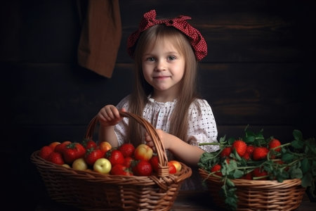 portrait of a little girl holding a basket of fresh strawberries, created with generative aiの素材