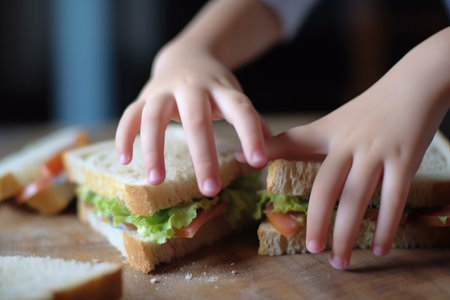 child, allergy or rash on hand with broken sandwich for food safety in home, created with generative aiの素材