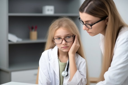 sick child at doctor appointment, having allergy problems and medical concern in healthcare, created with generative aiの素材