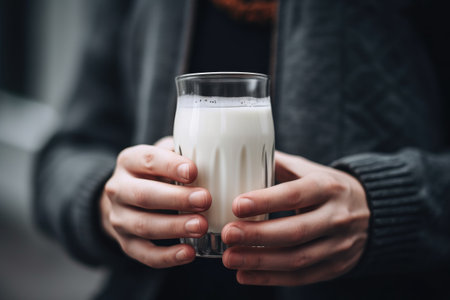 cropped shot of an unrecognizable person holding a glass with milk in it outside, created with generative aiの素材