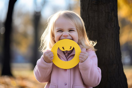 cheerful little girl holding up a smiley face while outside, created with generative aiの素材