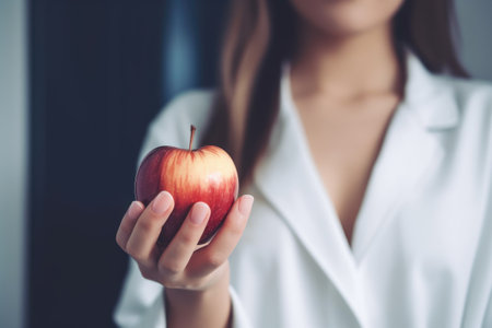 cropped shot of a young woman holding an apple and some medication, created with generative aiの素材