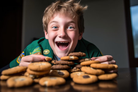 an awkward teenage boy happy about getting to eat girl scout cookies, created with generative aiの素材