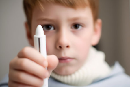 cropped shot of an unrecognizable young boy holding a thermometer, created with generative aiの素材