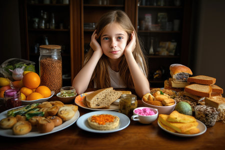 shot of a young girl with gluten free food, created with generative aiの素材