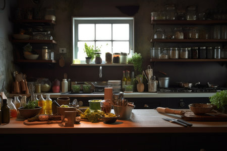 cropped shot of a kitchen with food on display, created with generative aiの素材