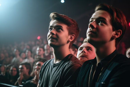 shot of two young men looking at the front row at a concert, created with generative aiの素材