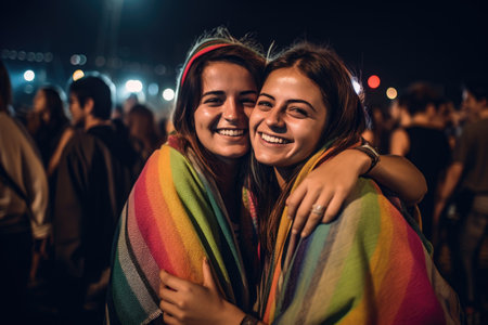 shot of two friends enjoying their night at a concert, created with generative aiの素材