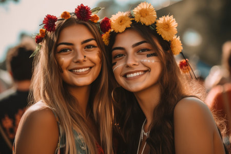 two friends enjoying their time at a music festival, created with generative aiの素材