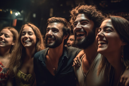 shot of a group of friends wearing bandanas and holding glowsticks at a concert, created with generative aiの素材