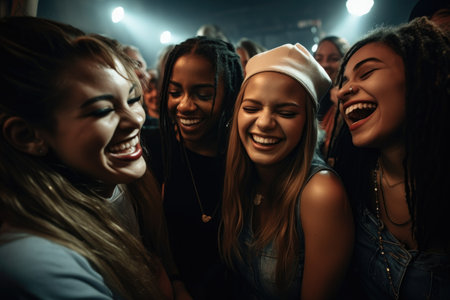 shot of a group of young friends enjoying themselves at a concert, created with generative aiの素材