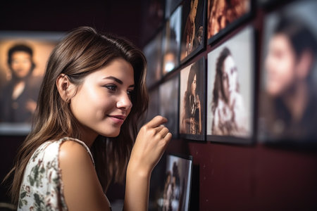 cropped shot of an attractive young woman looking at a photo of her favorite band, created with generative aiの素材