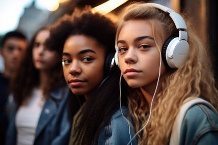shot of two young women listening to music on their headphones with their friends in the background, created with generative aiの素材