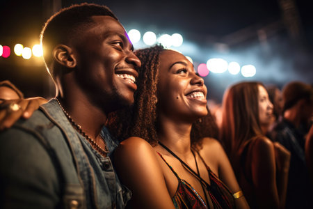 portrait of a happy young couple posing together at a concert, created with generative aiの素材