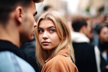 shot of an attractive young woman leaning on her boyfriend while standing in a crowd, created with generative aiの素材